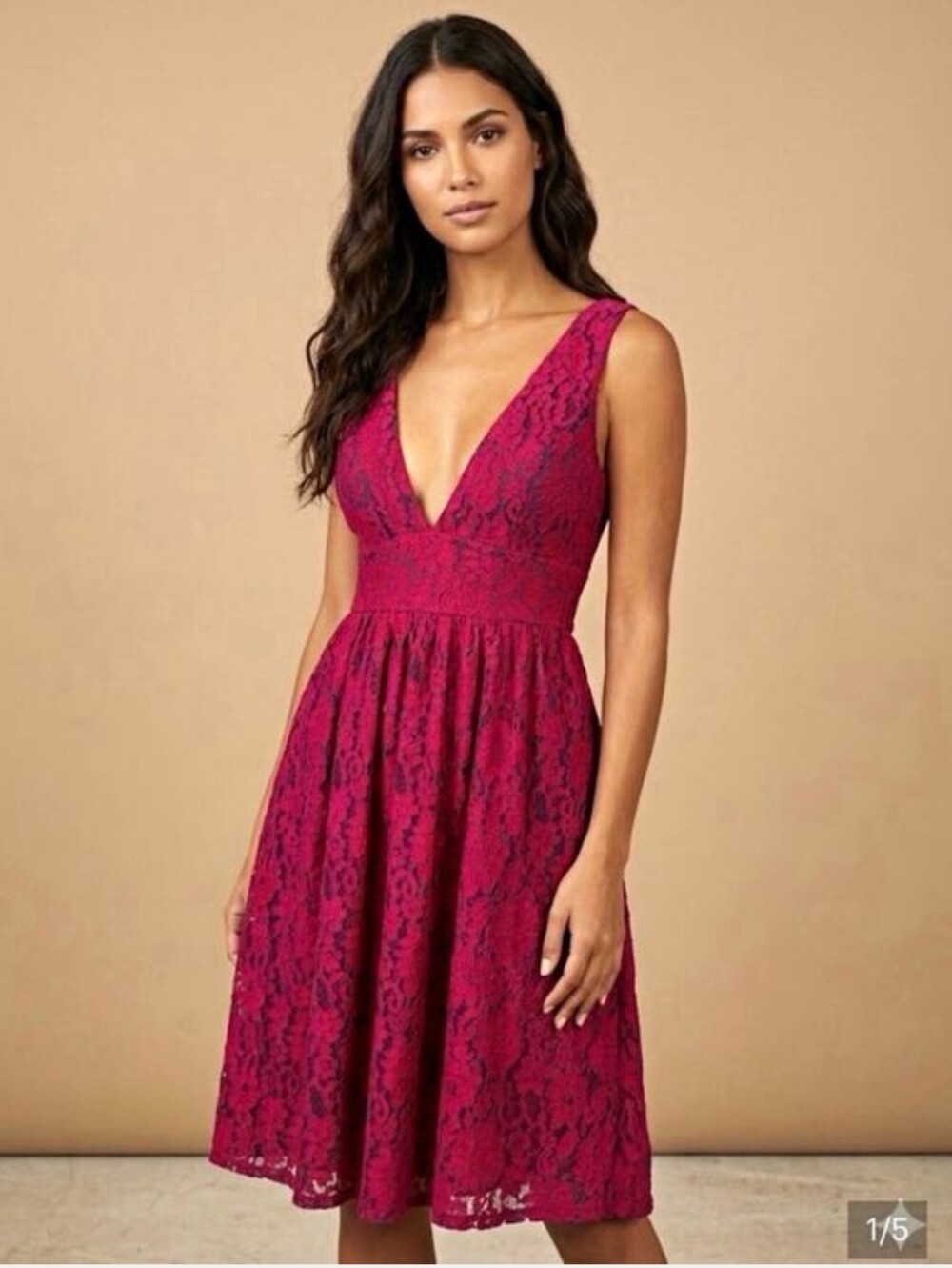 Lulu's Fuchsia Lace V-Neck Fit-and-Flare Dress